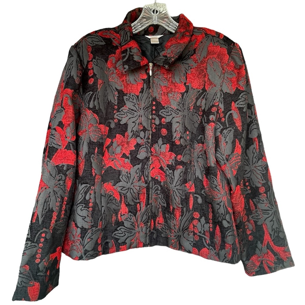 Christopher & Banks Red and Black zip up embroidered blazer